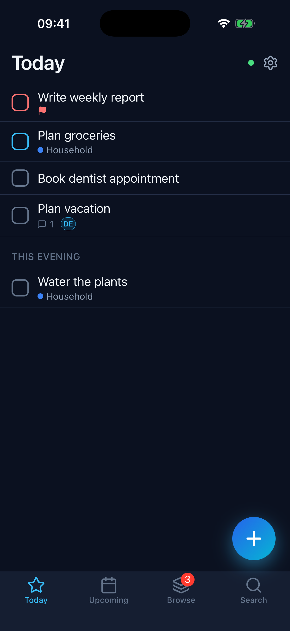 balu iOS app - Today view in dark mode