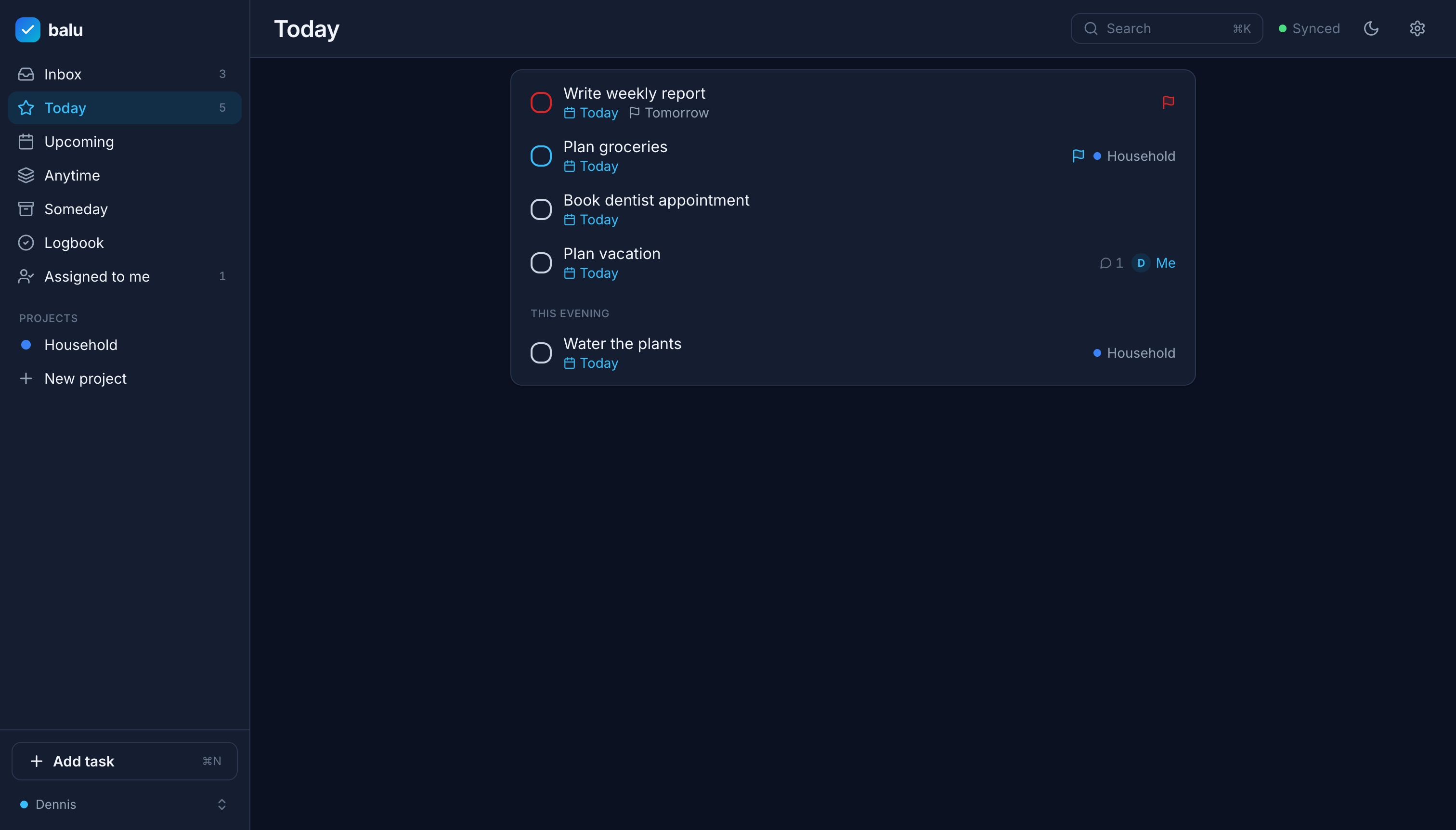 balu - Today view in dark mode