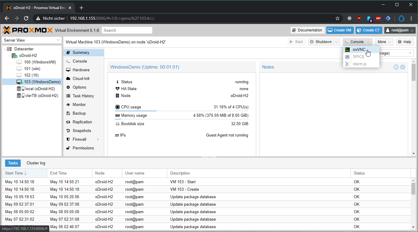 Proxmox VM via noVNC anzeigen