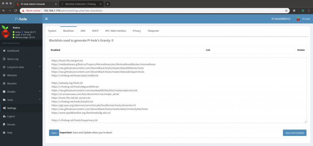 PiHole Admin Console - Blocklists hinzufügen