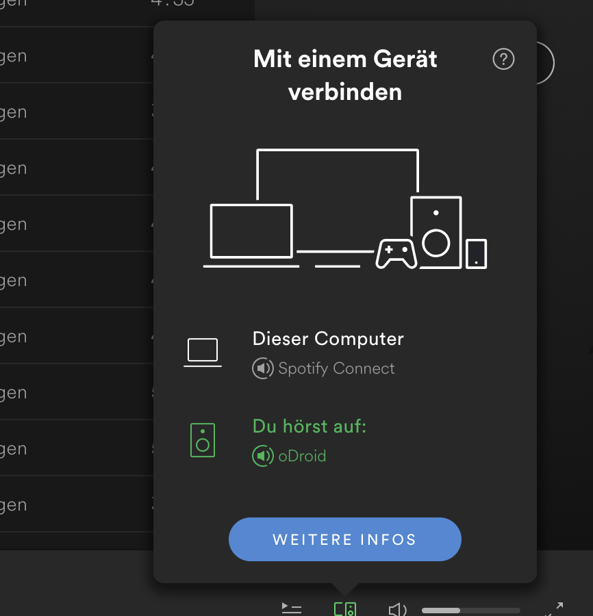 Im Spotify Client den oDroid XU4 als Ausgabegerät auswählen.