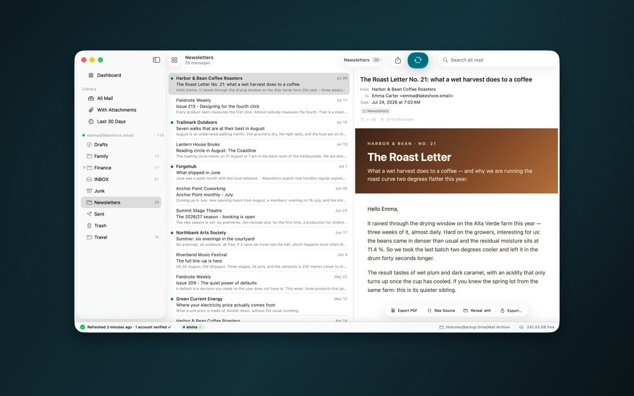 Mailattic - browsing a folder with the reading pane showing an archived newsletter