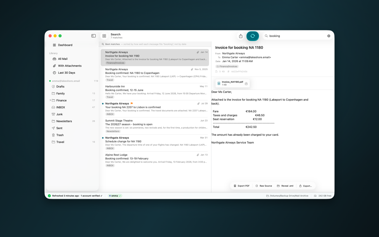 Mailattic - full-text search results with the best matches and an open message
